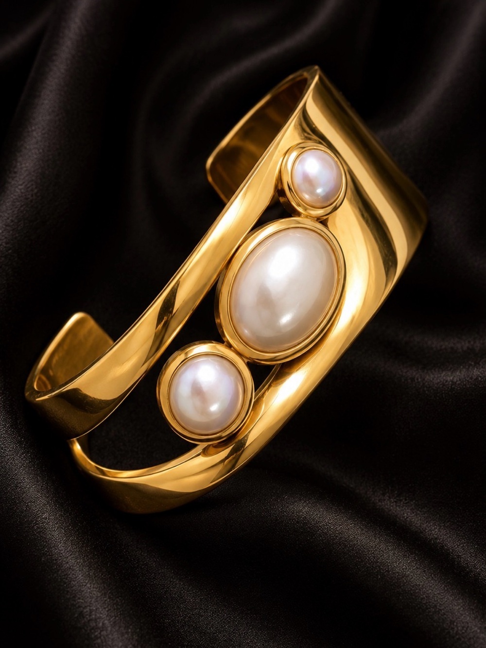 Vintage 18 K Gold plated Cuff Bracelet with Pearl Accents - Picture 12 of 14